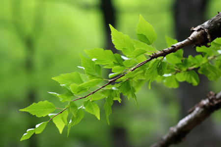 green leaves sprouting from a tree branch, created with generative aiの素材