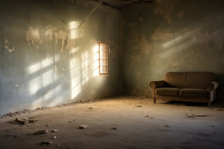 dusty room illuminated by a single beam of light, created with generative aiの素材
