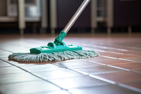 wet mop wiping dust off a tiled floor, created with generative aiの素材