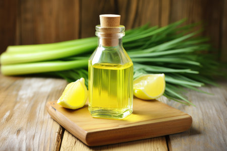 lemongrass essential oil bottle on a wooden table, created with generative aiの素材