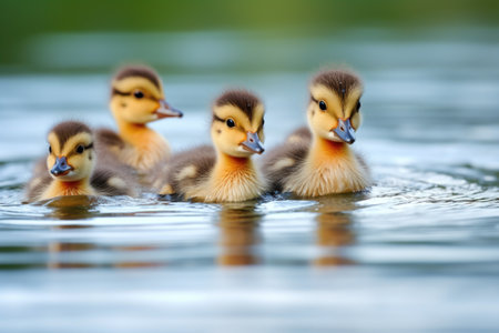 ducklings swimming after their mother in a line, created with generative aiの素材