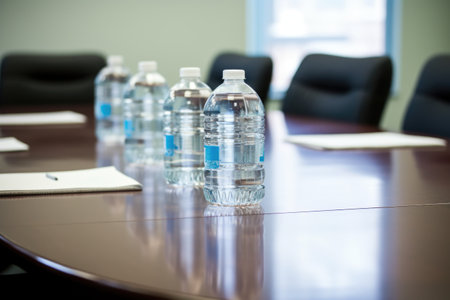 water bottles and glasses on a discussion table, created with generative aiの素材