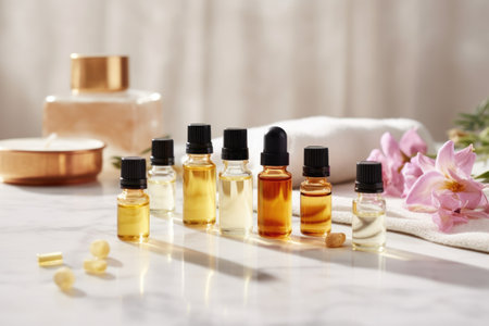 various bottles of skincare oils with droppers on tiled surface, created with generative aiの素材