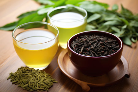 contrast of green tea and coffee beans, showing healthier choices, created with generative aiの素材