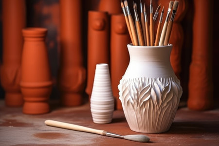 white ceramic vase with clay sculpting tools, created with generative aiの素材