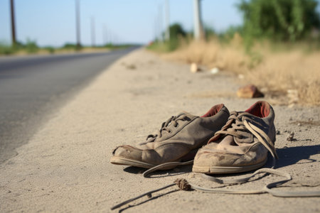 a pair of old, worn-out shoes next to a road, created with generative aiの素材