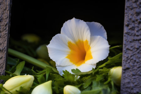 close up of a hatching egg next to unbloomed flowers, created with generative aiの素材