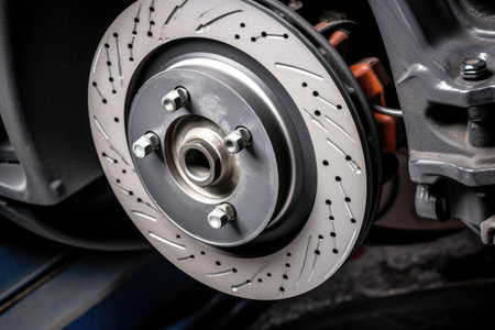 close-up of a cars front brake caliper and pad, created with generative aiの素材