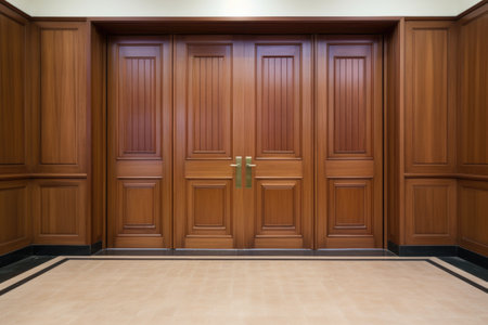 closed wooden doors of a large court room, created with generative aiの素材
