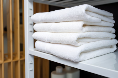 a white fluffy towel on a sanitarily cleaned rack, created with generative aiの素材