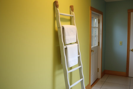 re-purposed ladder used as towel rack, created with generative aiの素材