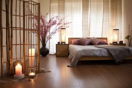 oriental styled bedroom with bamboo dividers and paper lanterns, created with generative aiの素材