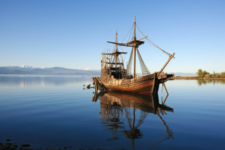 an old wooden pirate ship replica floating on calm waters, created with generative aiの素材