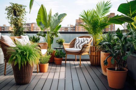 an urban roof terrace with potted plants and modern furniture, created with generative aiの素材