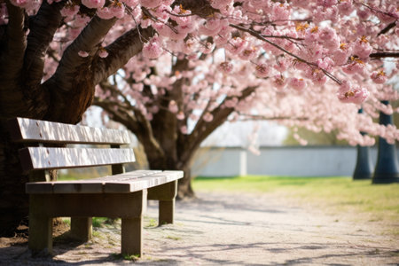 a rustic wooden bench under a blooming cherry blossom tree, created with generative aiの素材