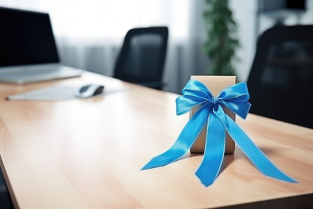 business proposal with a blue ribbon on a desk, created with generative aiの素材