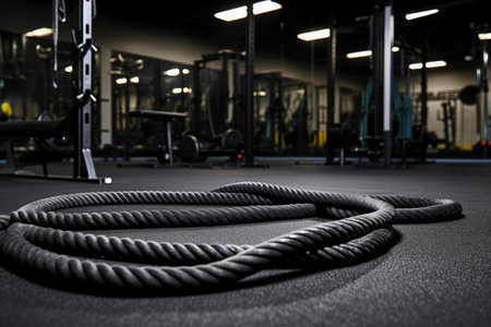 battle ropes on a black gym floor, created with generative aiの素材