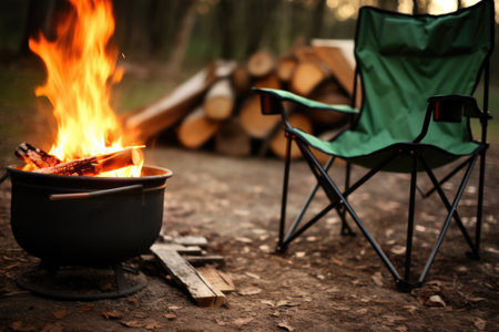 empty camping chair next to a crackling fire, created with generative aiの素材
