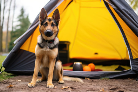 tent with a dog leash attached nearby, created with generative aiの素材