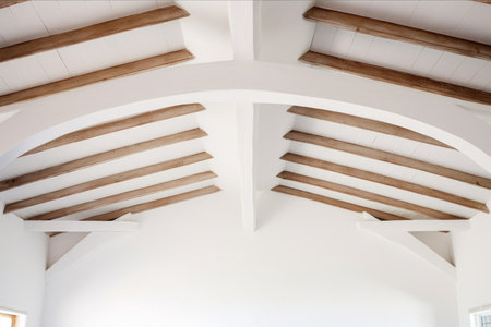 arched wooden beams crossing a whitewashed ceiling, created with generative aiの素材