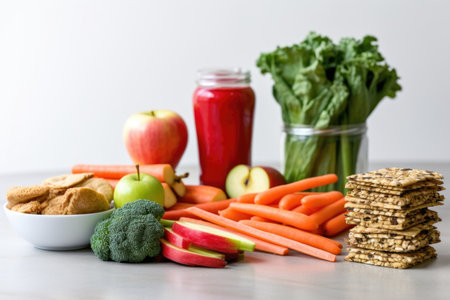 a stack of healthy food next to a pile of processed snacks, created with generative aiの素材