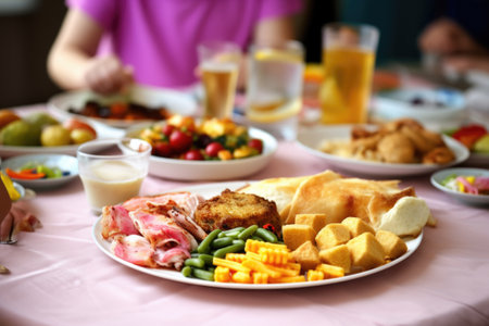 childs plate filled with unhealthy food at a family dinner, created with generative aiの素材
