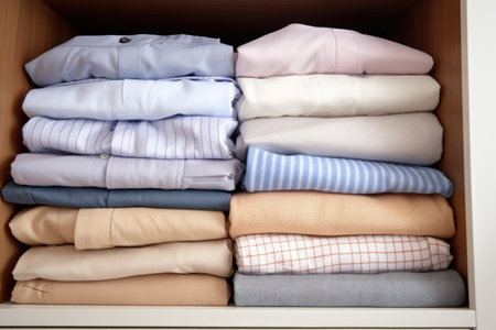 folded cotton shirts aligned in an open wardrobe, created with generative aiの素材