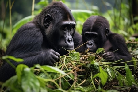 male and female gorilla taking care of their baby in jungle, created with generative aiの素材
