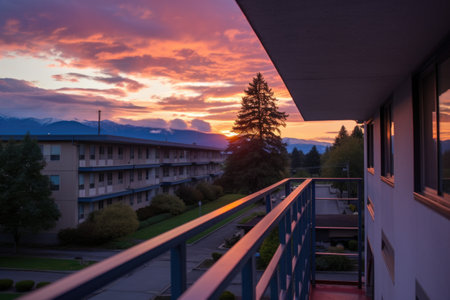 sunrise view from a college dormitory window, created with generative aiの素材