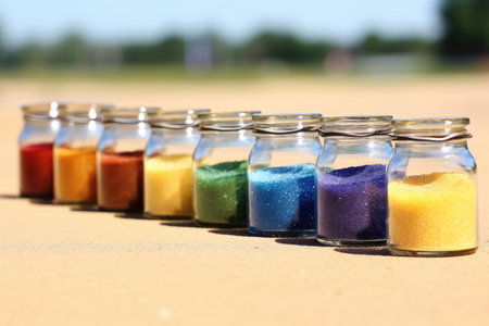 a row of jars containing different colored sands, created with generative aiの素材