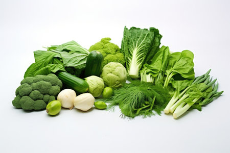 variation of green-colored vegetables on white table, created with generative aiの素材