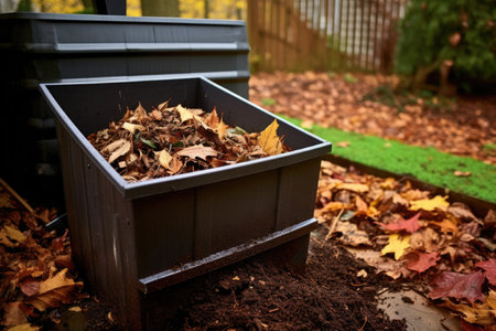 a backyard compost bin filled with leaves, created with generative aiの素材