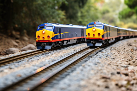 two model trains facing each other on the same track, created with generative aiの素材