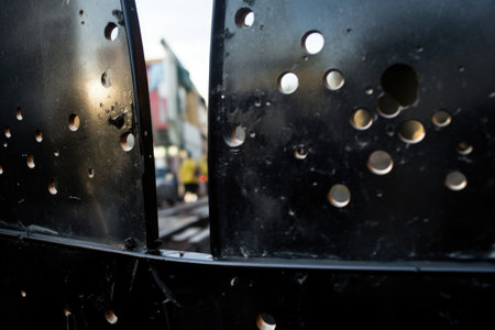 bullet holes in a police riot shield, created with generative aiの素材