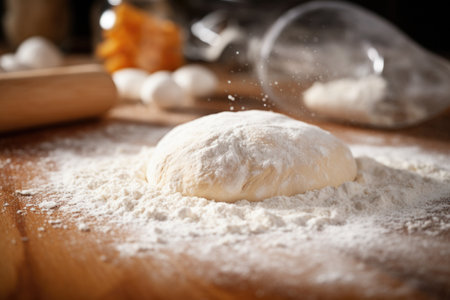 freshly kneaded dough on a flour-sprinkled surface, created with generative aiの素材
