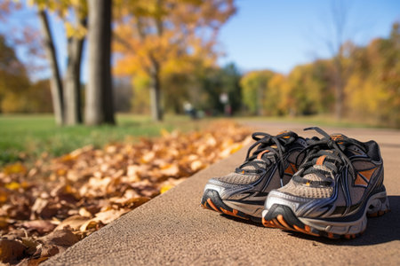 running shoes next to a park trail, created with generative aiの素材