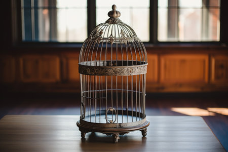 an empty birdcage on a table, created with generative aiの素材