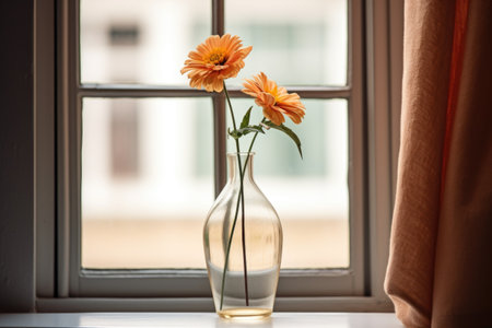 single flower in a vase by a window, created with generative aiの素材