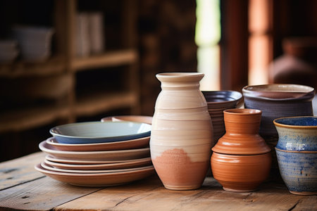 stack of handcrafted pottery on a wooden table, created with generative aiの素材