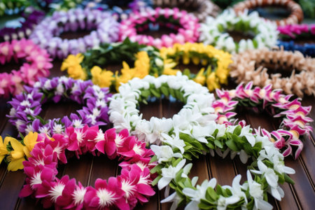 native hawaiian floral leis arranged in a circle, created with generative aiの素材
