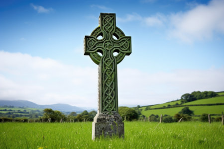 irish celtic cross standing alone in green field, detailed carving visible, created with generative aiの素材