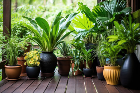 squat, ceramic plant pots with tropical plants on a wooden deck, created with generative aiの素材