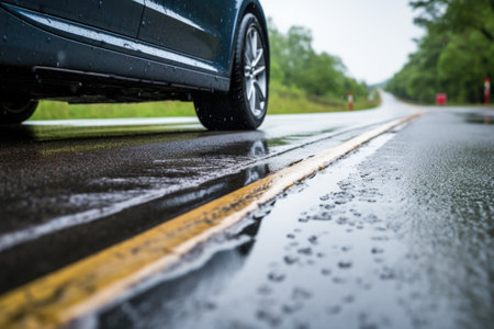 car tires with ample tread depth on a slick, rainy road, created with generative aiの素材
