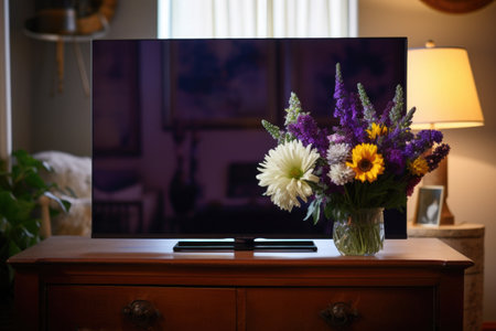 unplugged tv with a vase of flowers on top, created with generative aiの素材