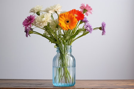recycled glass flower vase with fresh flowers, created with generative aiの素材