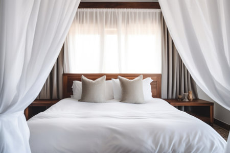 a neatly made bed with white linens and open curtains, created with generative aiの素材