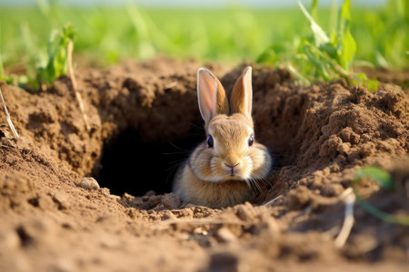 an empty rabbit burrow in a field, created with generative aiの素材