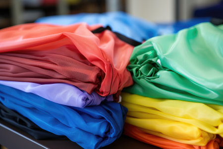 close-up view of folded, reusable shopping bags, created with generative aiの素材
