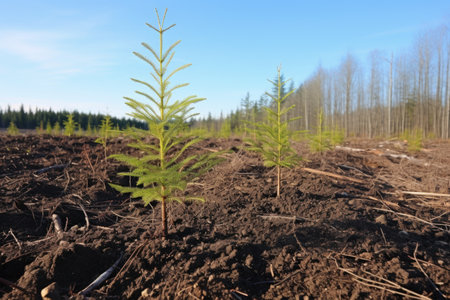 newly-planted saplings in a clearcut forest, created with generative aiの素材