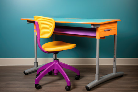 kids ergonomic desk and chair, brightly colored, created with generative aiの素材